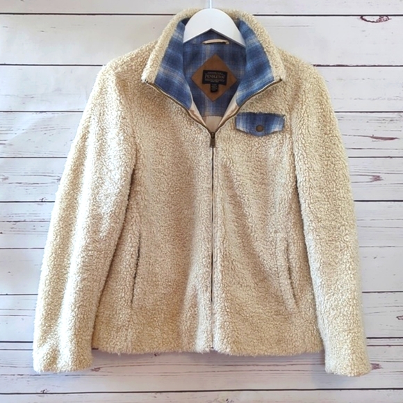 Pendleton Jackets & Blazers - Pendleton Teddy Bear Sherpa Tan Full Zip Fleece Flannel Fuzzy Jacket Size Small